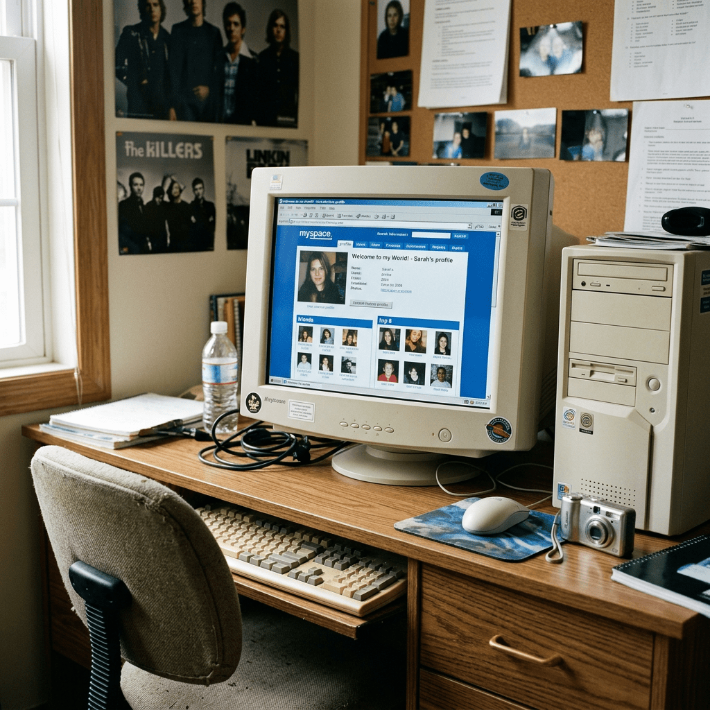 Vintage desktop computer displaying a MySpace profile beside music posters
